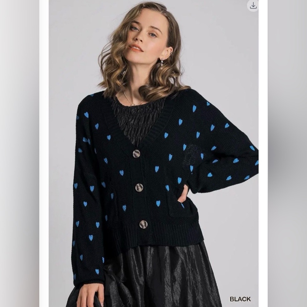 NET Umgee Women's Black and Blue Heart Sweater Cardigan  size large 🩵🩵🩵🩵